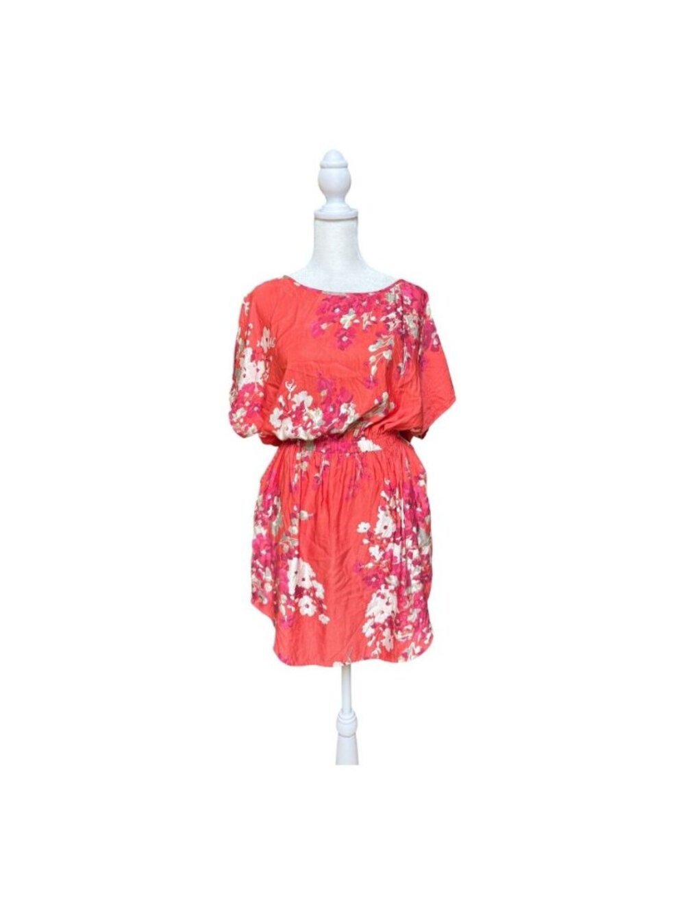 Express Floral Blouson Dress Small Coral Pink Short Sleeve Elastic Waist